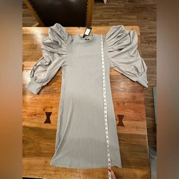 Athina Dramatic Puff Sleeve Ribbed Knit Mini Dress - Minimalist Glam - Picture 15 of 16